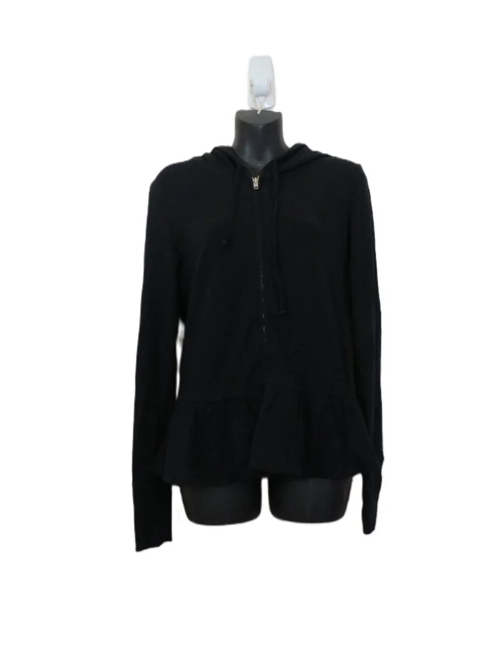 Aiko size Medium Full Zip Black Hoodie Ruffle Hem Slit Fit Basic Casual